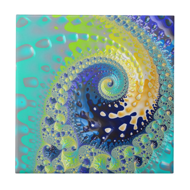 Aqua Cobalt und Yellow Spiral Fraktal Abstrakt Fliese (Vorderseite)