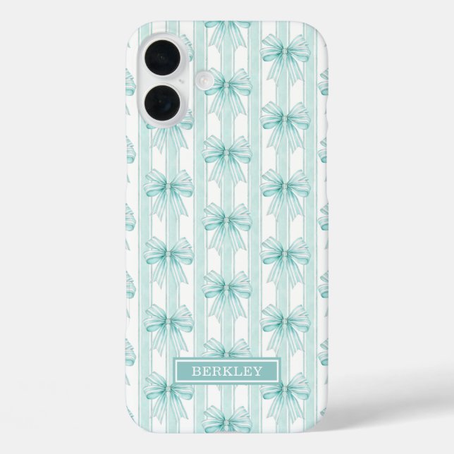 Aqua Coquette Bögen auf gestreiftem monogrammierte Case-Mate iPhone Hülle (Rückseite)