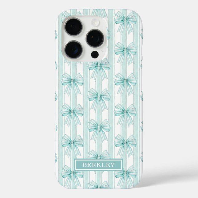 Aqua Coquette Bögen auf gestreiften Monogrammen Case-Mate iPhone Hülle (Rückseite)