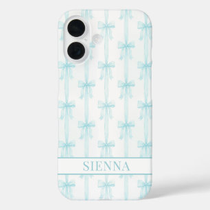 Aqua Coquette Schleifen gestreift monogrammiert iPhone 16 Hülle