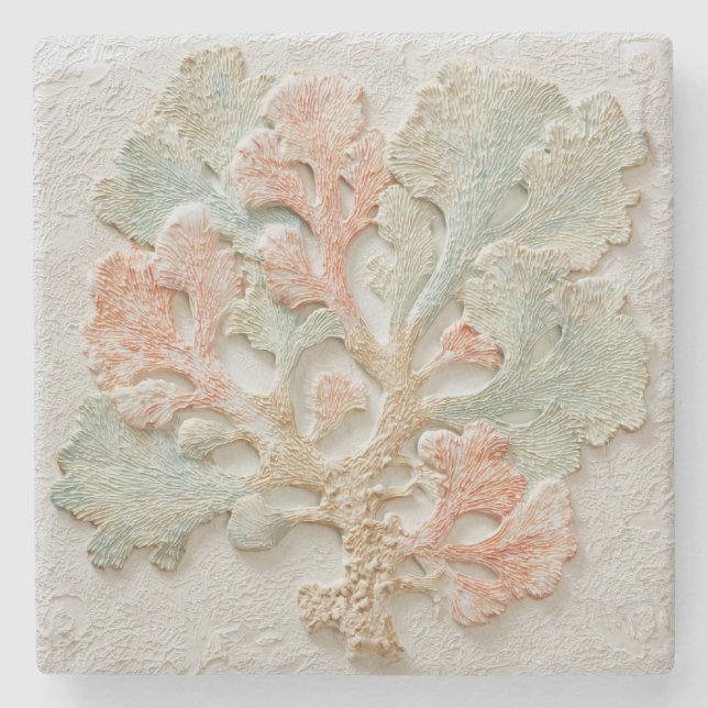 Aqua Coral Coastal Branch Art Steinuntersetzer (Vorderseite)