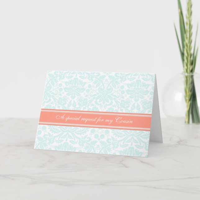 Aqua Coral Damask Cousin Bridesmaid Einladung (Vorderseite)