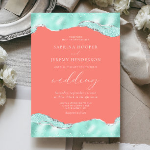 Aqua Coral Pink Silver Foil Glitzer Hochzeit Einladung