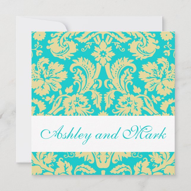 Aqua Cream Damask Hochzeitsempfang Einladung (Vorderseite)