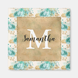 Aqua Cream Gold Floral Black Monogram Magnet