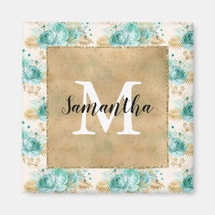Aqua Cream Gold Floral Black Monogram Magnet