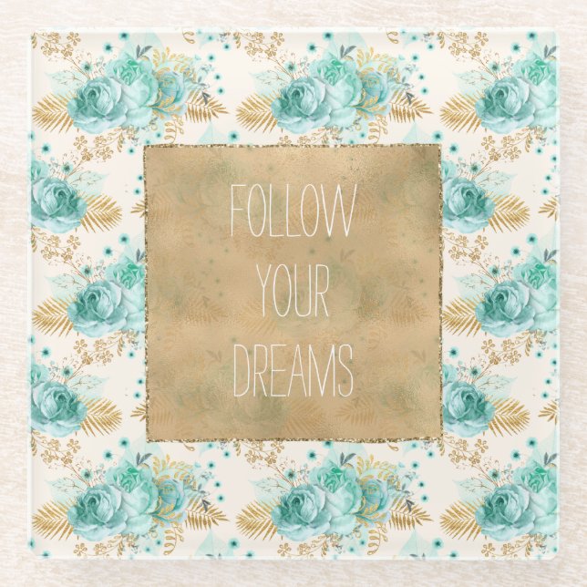 Aqua Cream Gold Floral Glasuntersetzer (Vorderseite)