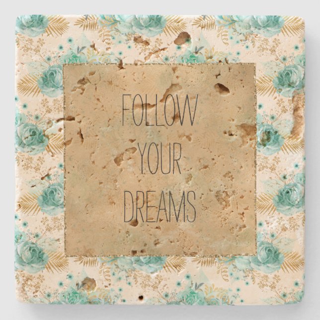 Aqua Cream Gold Floral Steinuntersetzer (Vorderseite)