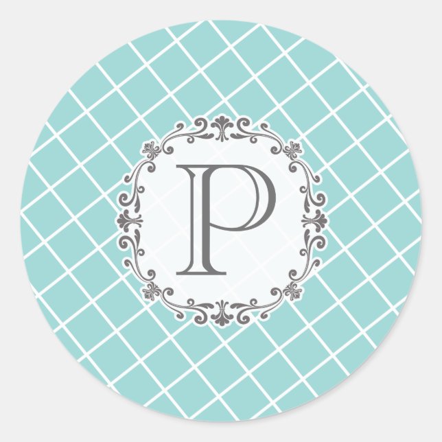 Aqua Cross Hatch Vintage Wedding Monogram Sticker (Vorderseite)
