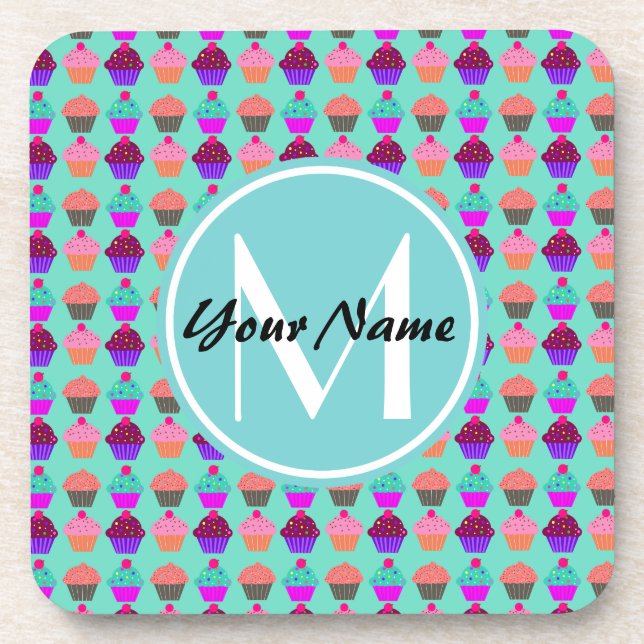 Aqua Cupcake Personalisiert Monogram Getränkeuntersetzer (Vorderseite)