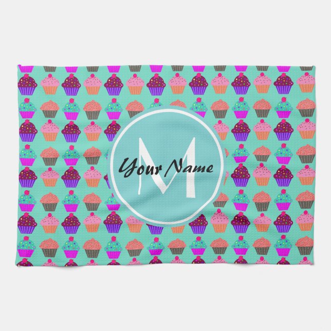 Aqua Cupcake Personalisiert Monogram Küchentuch (Horizontal)