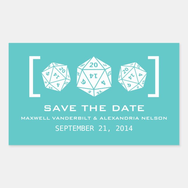 Aqua D20 Dice Gamer Save the Date Stickers (Vorderseite)