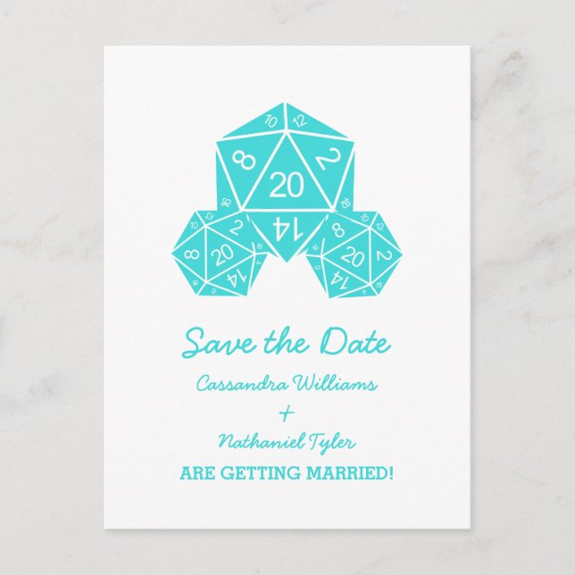Aqua D20 Dice Save the Date Postkarte (Vorderseite)