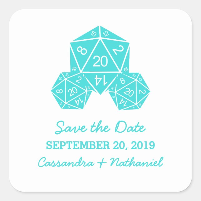 Aqua D20 Dice Save the Date Stickers (Vorderseite)