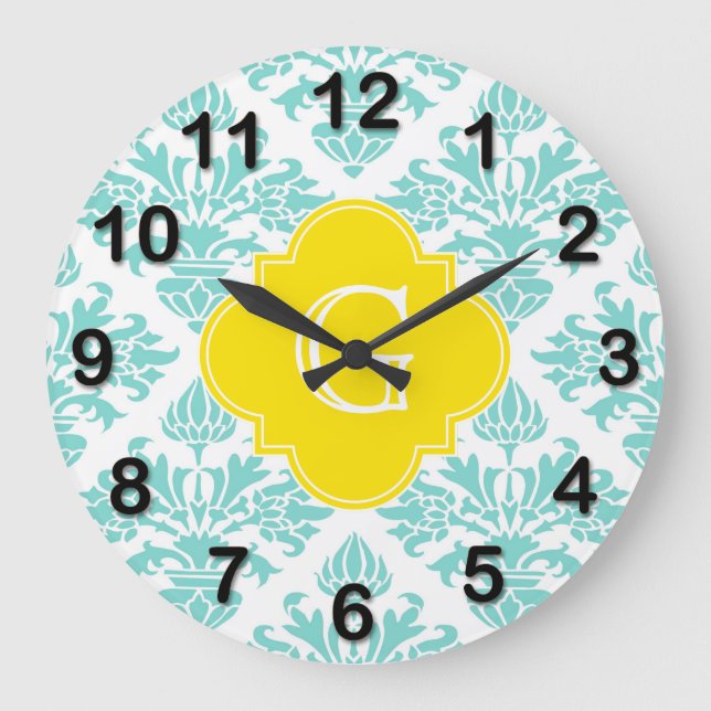 Aqua Damask #3 Yellow Quatrefoil Monogramm Große Wanduhr (Vorderseite)