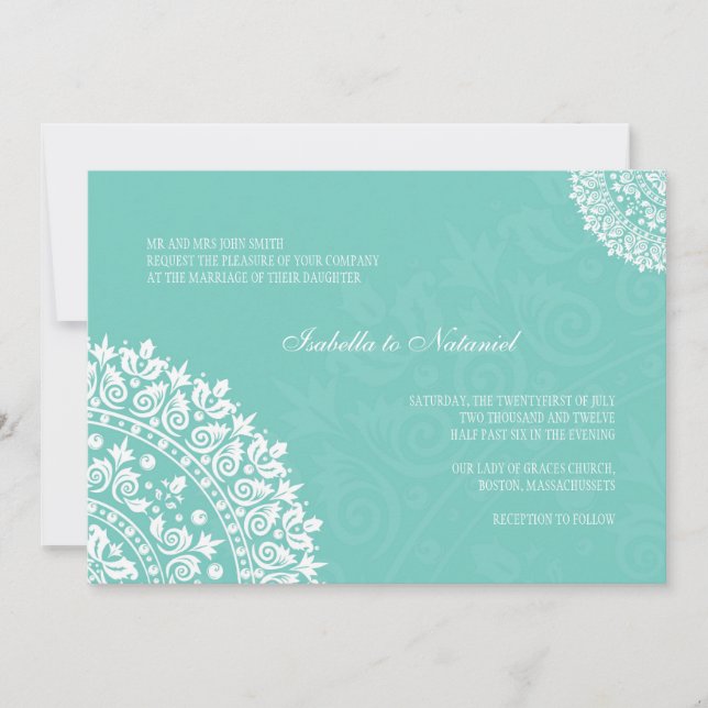 Aqua Damask Einladung zur Hochzeit (Vorderseite)