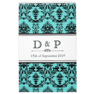Aqua Damask Monogram Hochzeitsschild Foto-Gästebuc Kalender