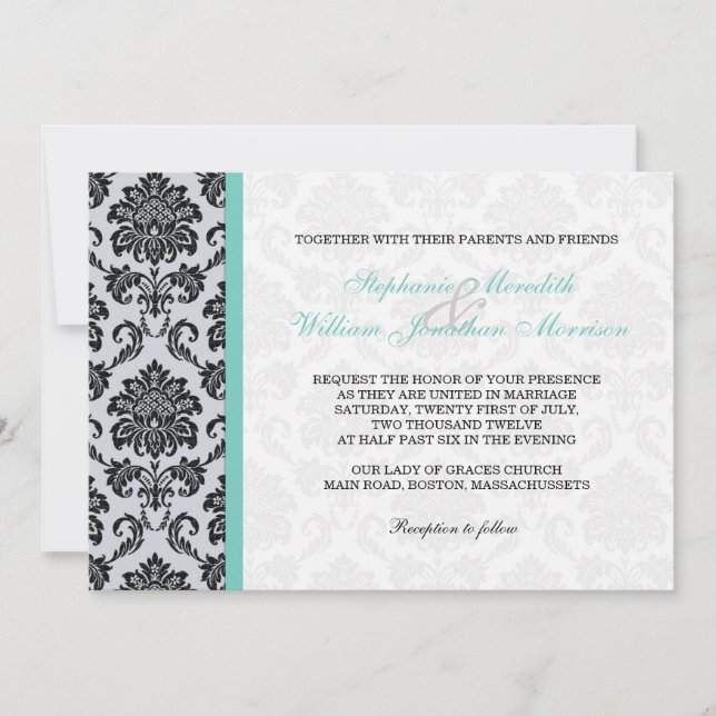 Aqua Damask Monogram Wedding Einladung (Vorderseite)
