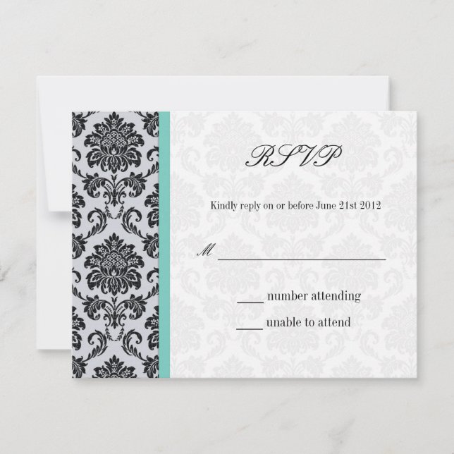 Aqua Damask Monogram Wedding RSVP Karte (Vorderseite)