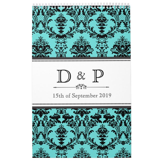 Aqua Damask Monogram Wedding Sign Photo Guestbook Kalender (Titelbild)