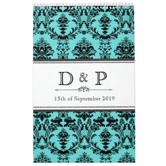 Aqua Damask Monogram Wedding Sign Photo Guestbook Kalender