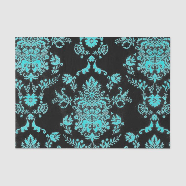 Aqua Damask on Black Chic Design Seidenpapier (Vorderseite)