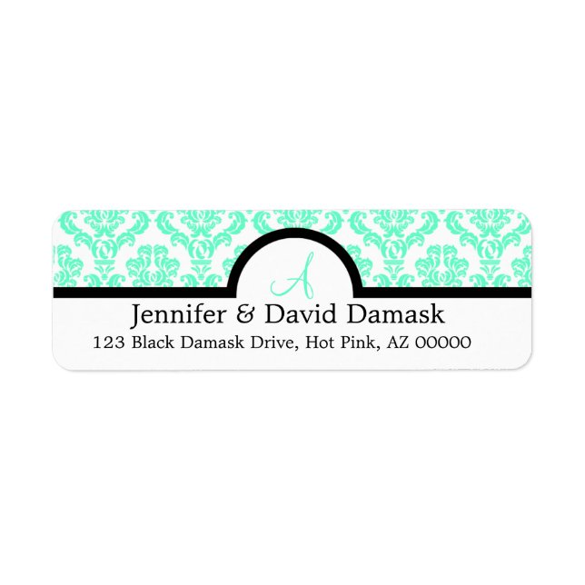 Aqua Damask Wedding Monogram Address Labels (Vorne)