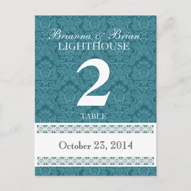 Aqua Damask Wedding Tischnummer Card Empfang (Vorderseite)