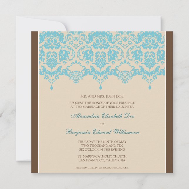 Aqua Darling Damask Lace Square Einladung Hochzeit (Vorderseite)