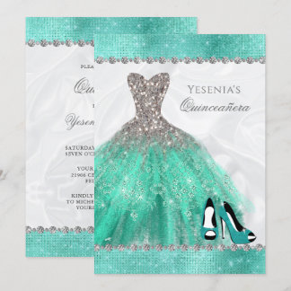 Aqua Diamond Sparkle Glitzer Quinceañera Einladung