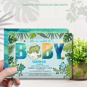 Aqua Dino Tropical Blätter Kinderdusche Einladung