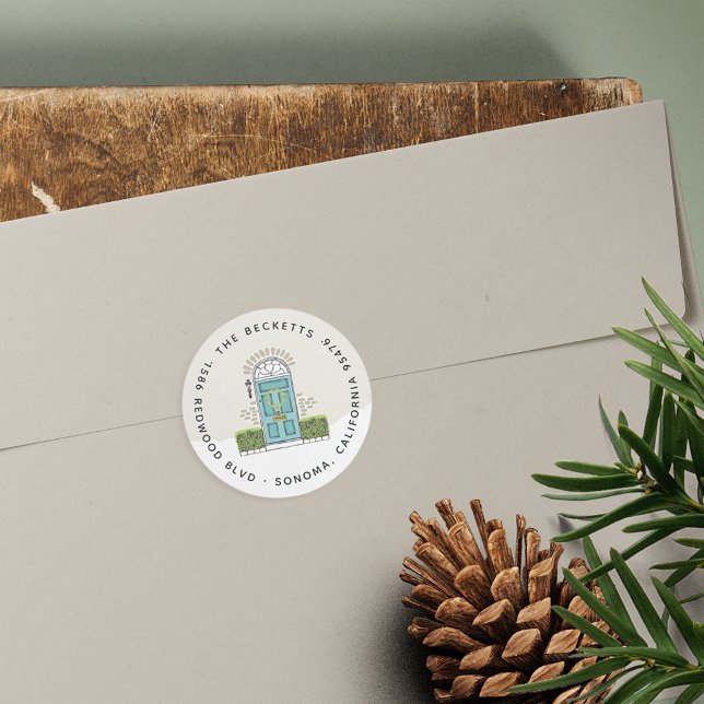 Aqua Door Holiday Rücksendeadresse Runder Aufkleber (Von Creator hochgeladen)