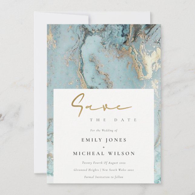 AQUA DUSKY BLUE GOLD AGATE SAVE THE DATE EINLADEN DANKESKARTE (Vorderseite)