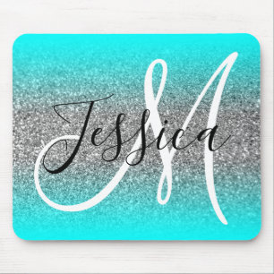 Aqua Edge Ombre Silber Glitter Monogramm Mousepad