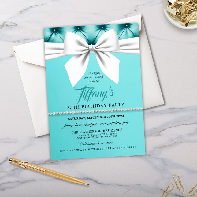 Aqua Elegant Chic Tiffany Einladung zum Geburtstag (elegant aqua blue girly chic birthday party invitation for bougie fancy 30th, sweet 16 or any event)