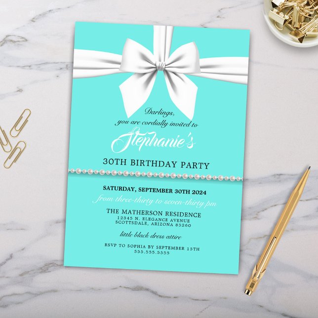 Aqua Elegant Extravagant Tiffany Einladung zum Geb (Customizable Elegant Breakfast at Tiffany's Birthday Party Invitation in Teal Blue with Pearls)
