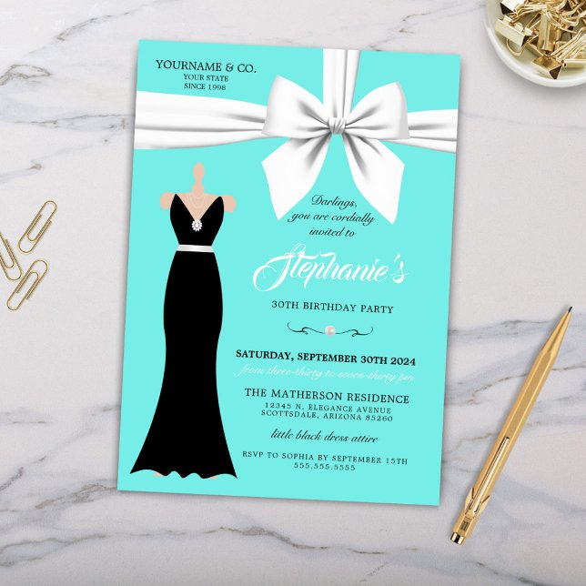 Aqua Elegant Fashion Tiffany Einladung zum Geburts (Elegant Little Black Dress Aqua Teal Blue Tiffany Theme Birthday Invitation with White Bow Pearls)