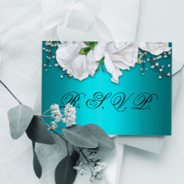 Aqua Elegant White Floral Wedding RSVP Karte