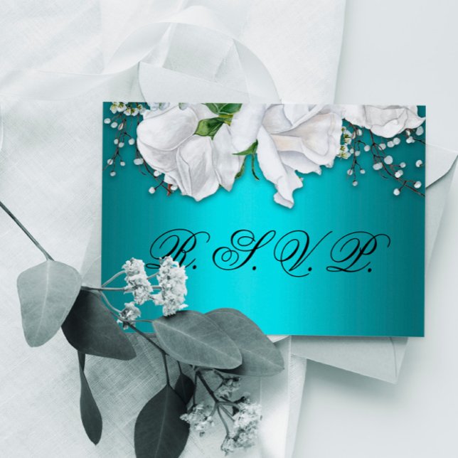Aqua Elegant White Floral Wedding RSVP Karte (Von Creator hochgeladen)