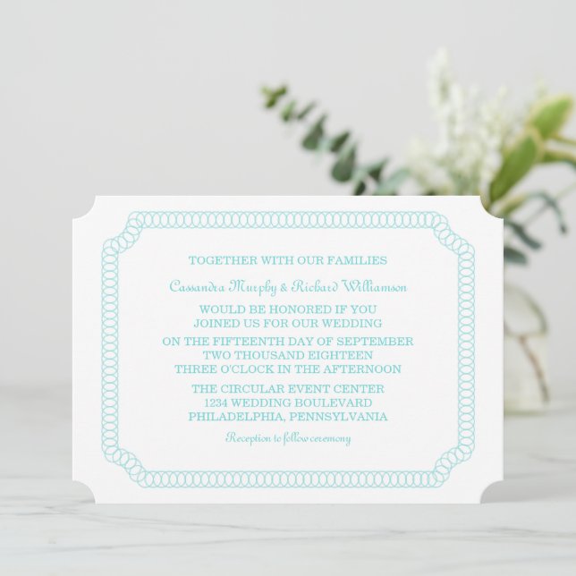 Aqua Encirclated Ticket Wedding Einladung (Stehend Vorderseite)