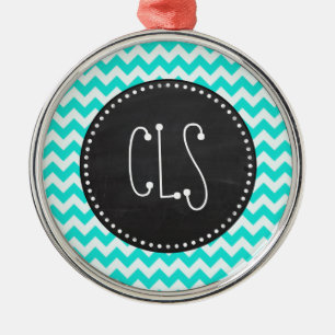 Aqua-Farb-Chevron; Vintage-Schultafel-Look Silbernes Ornament