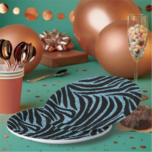 Aqua Faux Glitter Zebra Print Pappteller