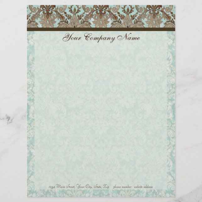 Aqua Fleur di Lys Damask u. Brown-Briefpapier Briefbogen (Vorderseite)