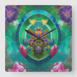Aqua Floral Abstrakt Unterwasser Garten Quadratische Wanduhr
