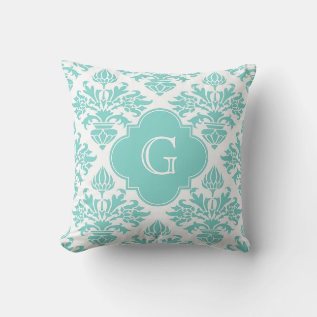 Aqua Floral Damask #3 Aqua Quatrefolie Monogram Kissen (Vorderseite)