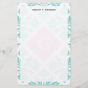 Aqua Floral Damask #3 Pink Quatrefolie Monogram Briefpapier