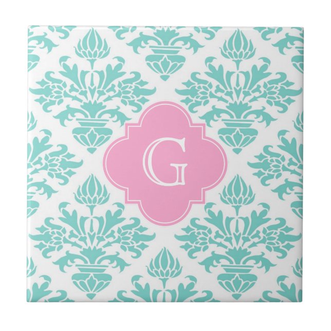 Aqua Floral Damask #3 Pink Quatrefolie Monogram Fliese (Vorderseite)