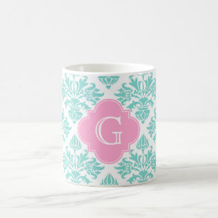 Aqua Floral Damask #3 Pink Quatrefolie Monogram Kaffeetasse