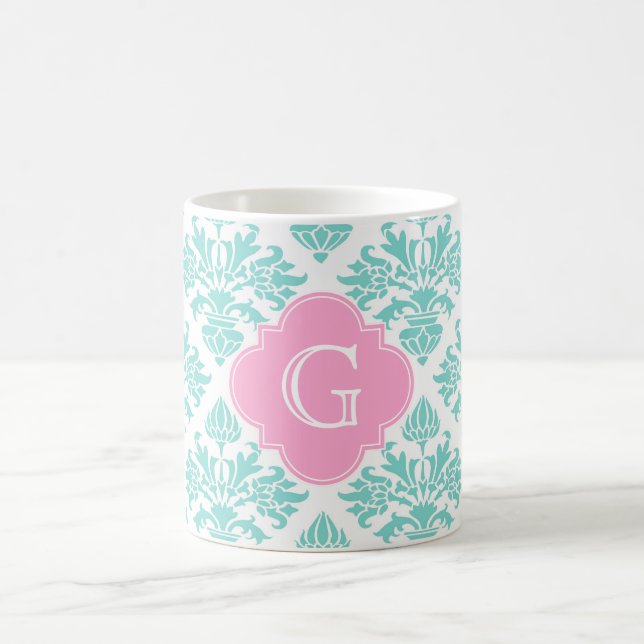 Aqua Floral Damask #3 Pink Quatrefolie Monogram Kaffeetasse (Mittel)