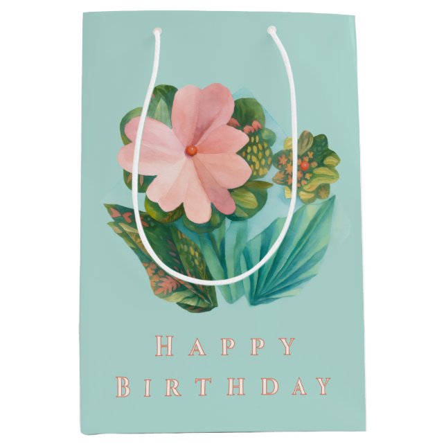 Aqua Floral "Happy Birthday" Geschenktasche - Papi Mittlere Geschenktüte (Vorderseite)